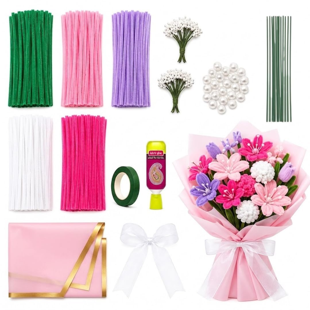 DIY Pipe Cleaner Flower Bouquet Kit for Kids & Adults | Craft Kit with Colored Pipe Cleaners, Pearl Beads stem, Stamen, Floral Tape, Glue & Wrapping Paper | Complete Flower Making kit-image-31