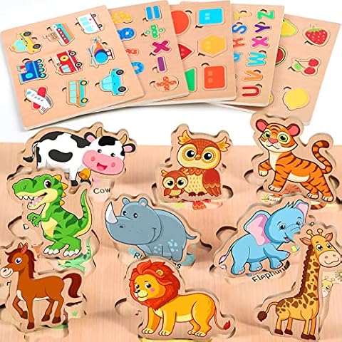lenbest 6er Set Kinder Holzpuzzle - Montessori Spielzeug - Tier Alphabet Nummer Fahrzeuge Form Frucht Holzspielzeug - Puzzle Steckpuzzle Lernspielzeug Kinderspielzeug 2 3 Jahre - Geschenke Cover