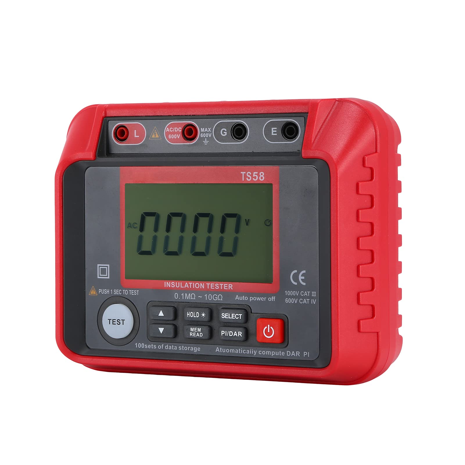Domary Tester Rezystancji Izolacji Megaomomierz 0,1 MΩ-10 GΩ z Podświetlanym Wyświetlaczem LCD 2000 zliczeń Napięcie Prądu Stałego AC 10–600 V Indeks DAR PI do Konserwacji Sprzętu