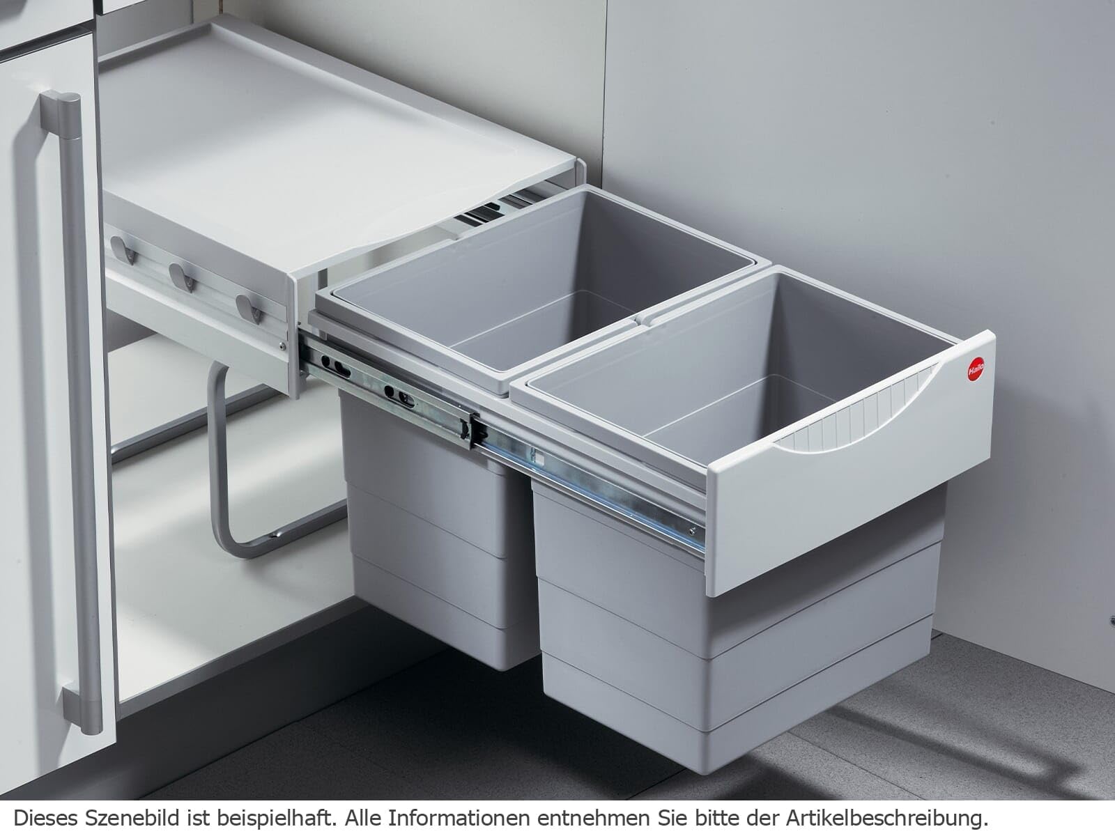 Hailo Abfallsammler 3641500 | Raumspar-Tandem 2x 18 Liter | ab 40cm Schrank mit Drehtür | 346 x 475 x 336 mm | Kunststoffteile hellgrau | 2 fach Abfalltrennsystem | einfache Bodenmontage