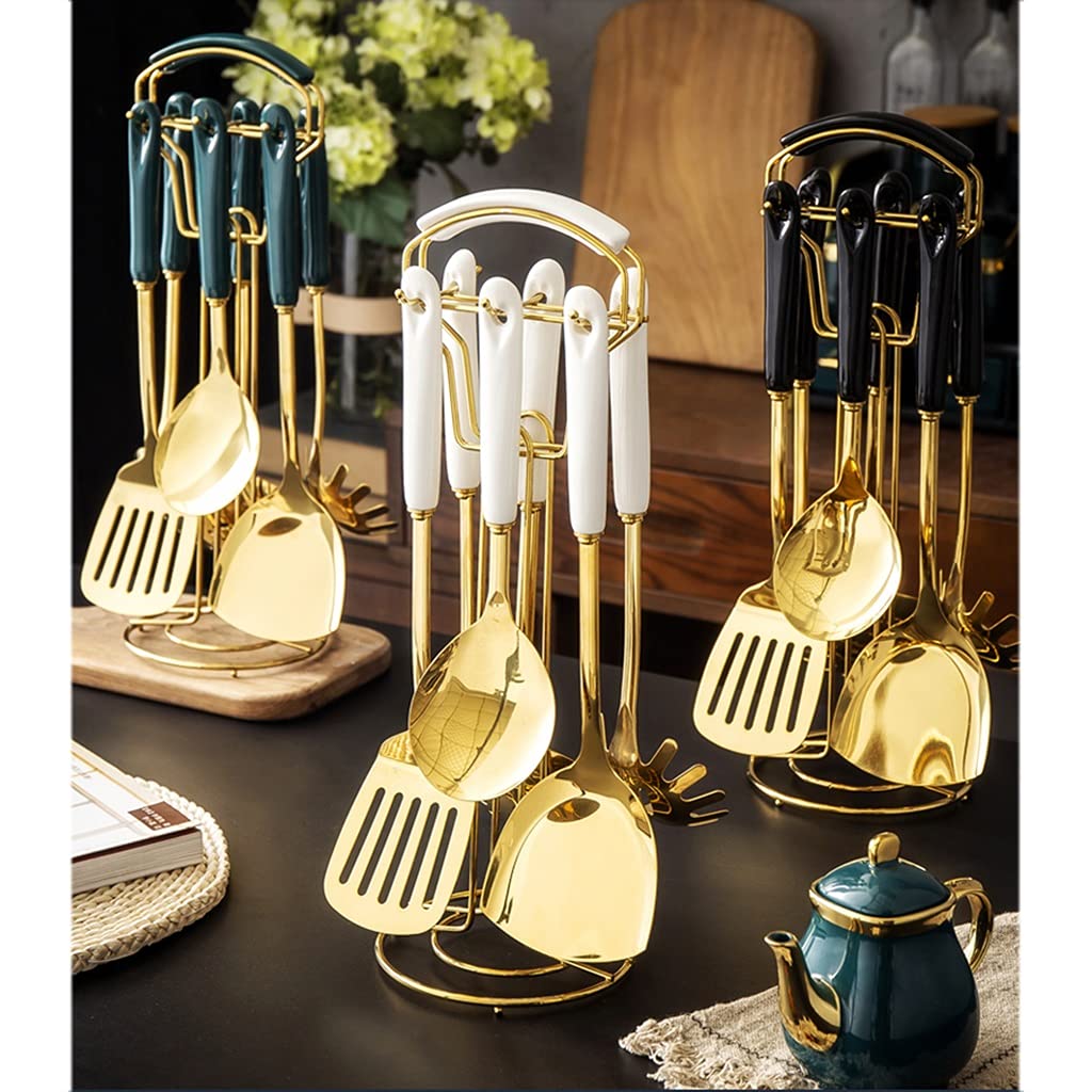 BATLAM Edelstahl-Küchenutensilien-Set Kochutensilien-Set Nordisches Luxus-Kochgeschirr-Set for Geschirrspüler Antihaft-Pfanne 6-teiliges Küchenutensilien-Set Leicht zu reinigen (Color : A) (Schwarz)