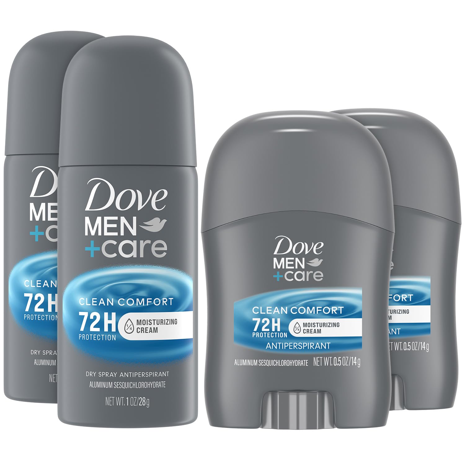 Dove Men + Care Clean Comfort Travel Antiperspirants – Men’s Antiperspirant Spray + Stick, 72H Protection (4 Piece Set)