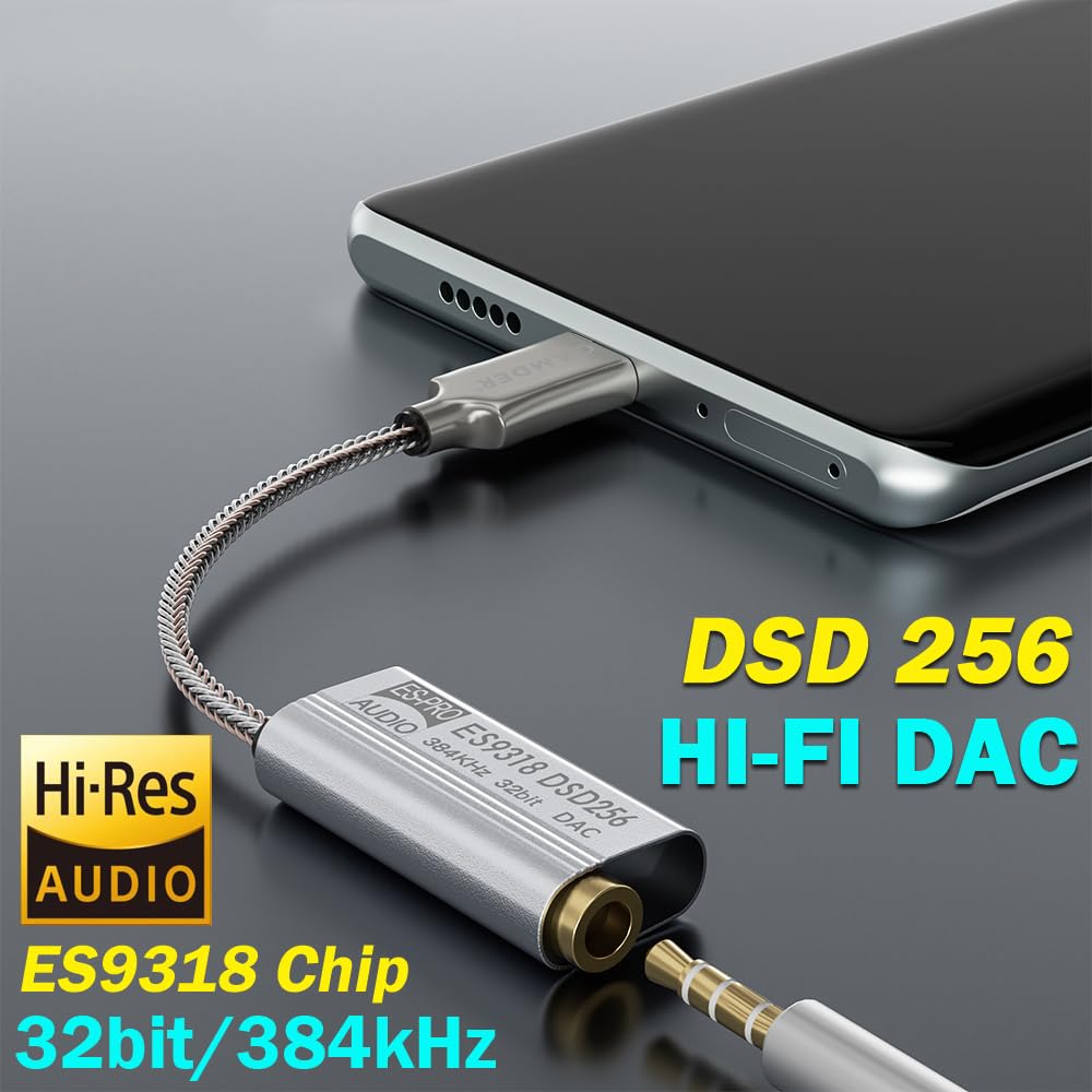 GAMDER USB Type C to 3.5mm DSD256 Hi-Fi Audio Chip Decoder 32bit 384kHz Headphone Amplifier Adapter DAC for Android Phone Mac Windows 10 ?ES9318 Chip