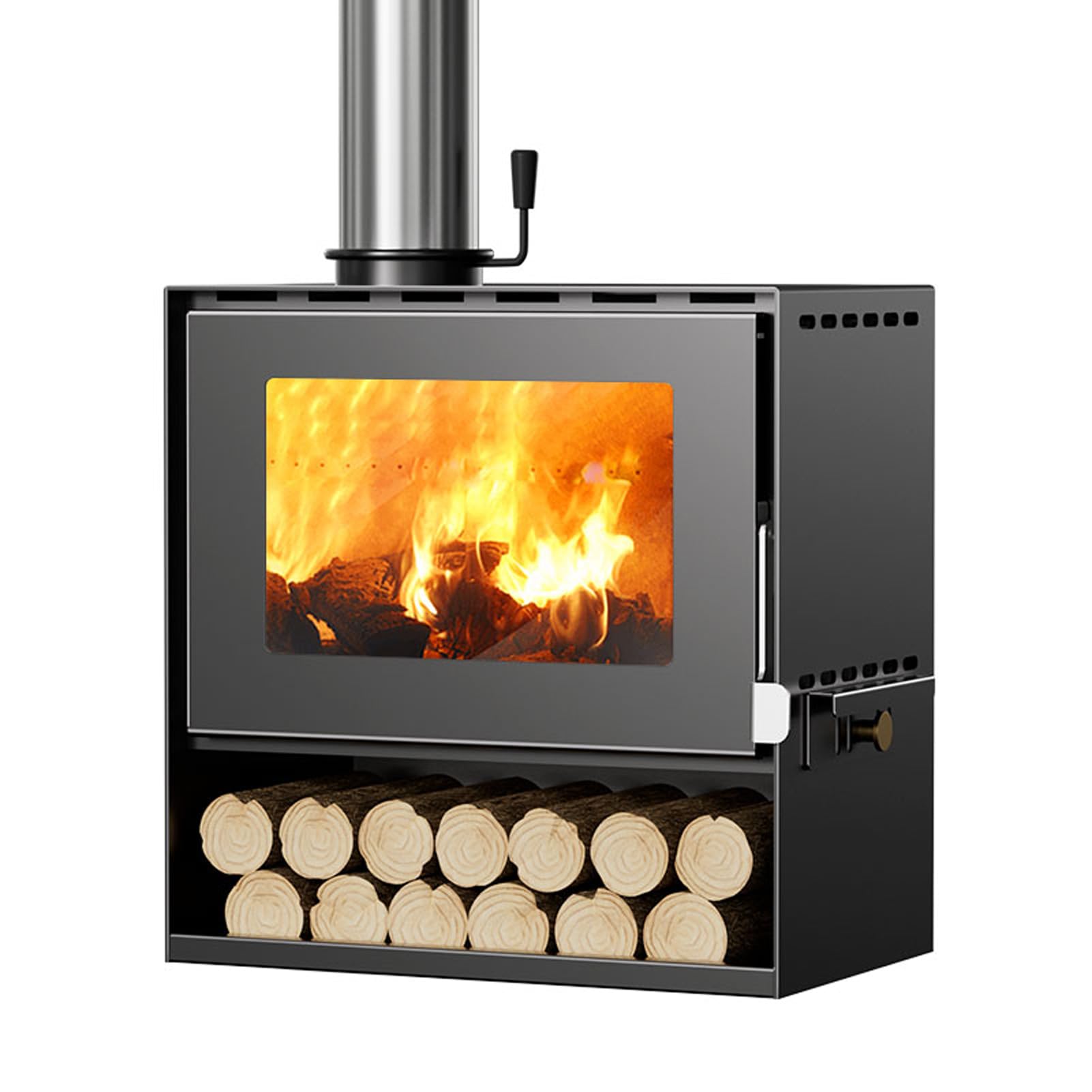 Echter Kaminofen mit Holzaufbewahrung, Vintage, freistehend, für den Innenbereich, Retro-Heizung, Glas, Ansicht, Holzofen, Flamme, Kamin, Schwarz, 50 cm