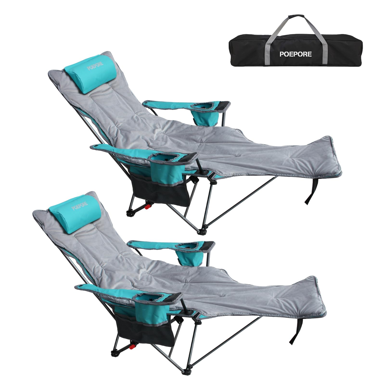 POEPORE 2-Pack Reclining Camping Chair with Removable Footrest Lounge Chair with Headrest, Cotton Cushion, Portable Adjustable Folding Chairs for Adults Cyan
