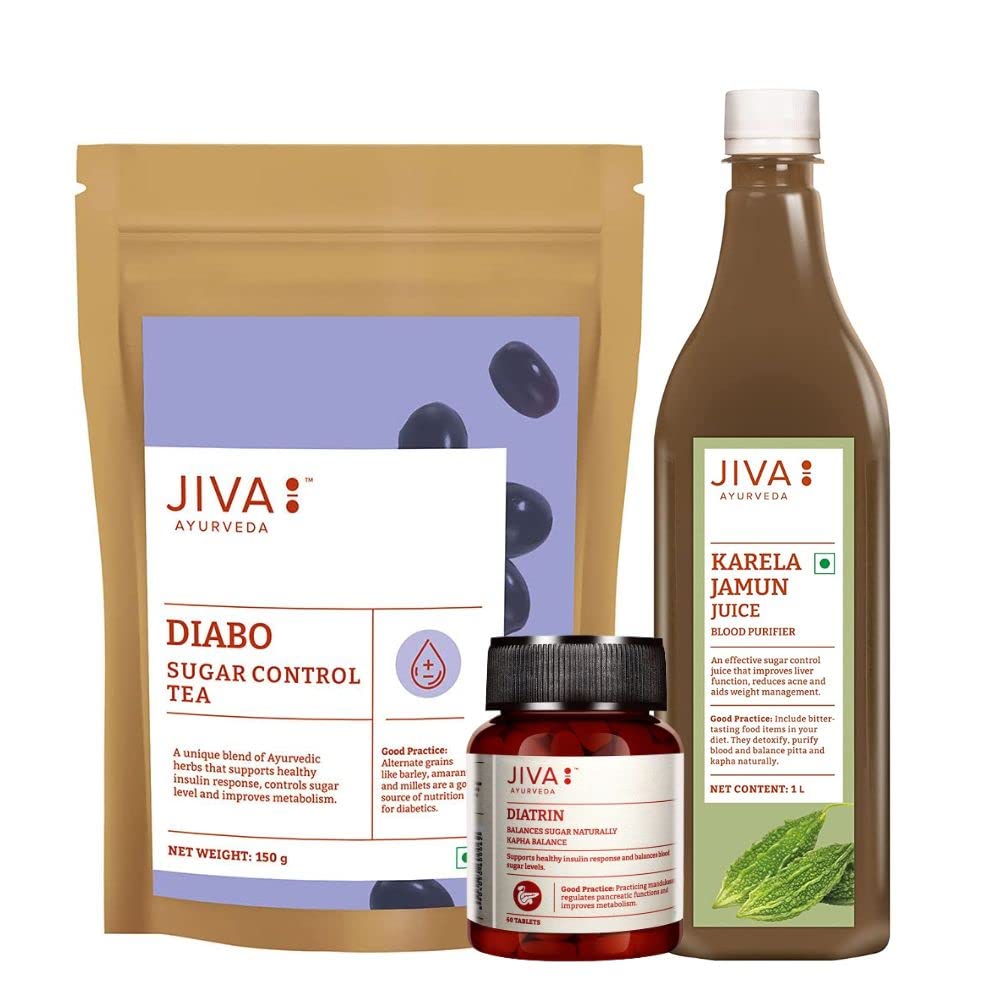 Jiva Diabeties Combo | Diabo Tea 150gm, Diatrin 120 Tablet & Karela Jamun Juice 1L | 100% Pure & Natural | Helps to Support Healthy Insulin (Combo Pack of 3)