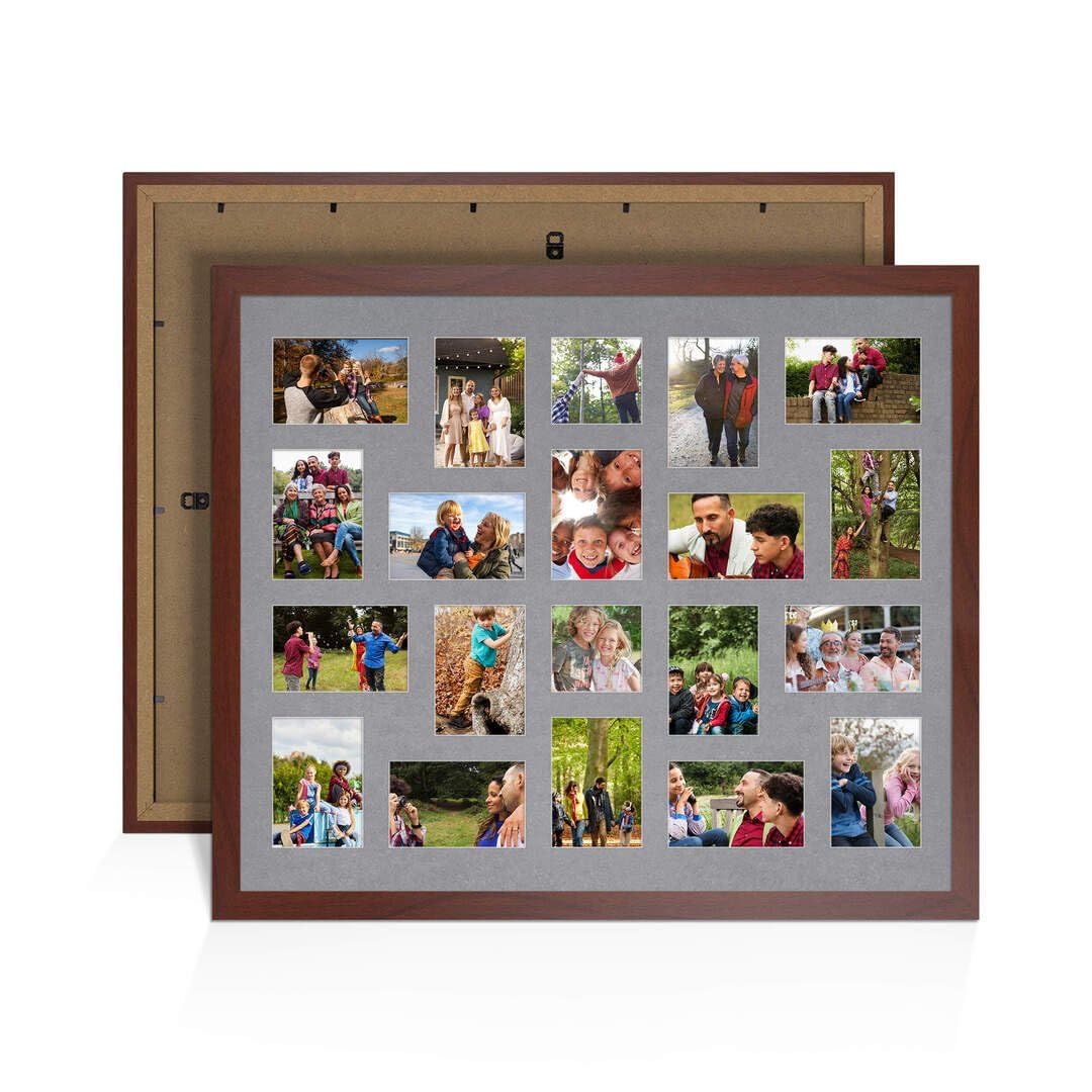 Procut Global 80X70CM Rose Wood Photo Frames For Multiple Pictures with Mid Grey Mount-Modern Collage Frame with 20 Apertures (18x) 6x4, (2x) 4x4-Engineered Wood with Shatterproof Perspex