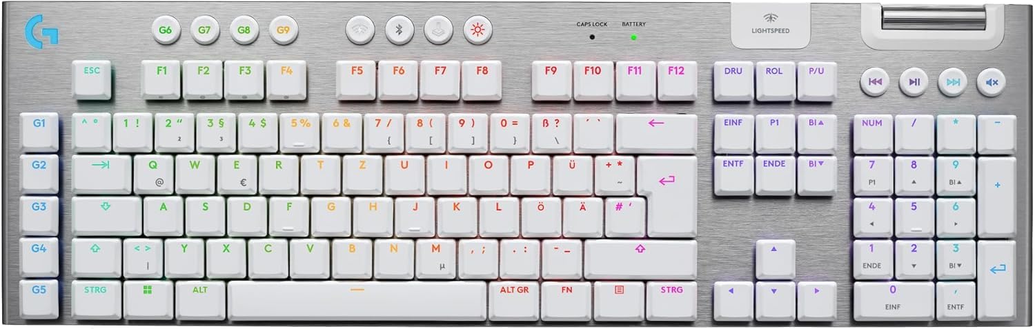 Logitech G G915 X Lightspeed Low-Profile-Kabellose Gaming-Tastatur, Double-Shot-PBT-Tastenkappen, voll programmierbare Tasten, RGB-Hintergrundbeleuchtung, GL Brown-Tactile, PC/Mac, DEU QWERTZ - Weiß