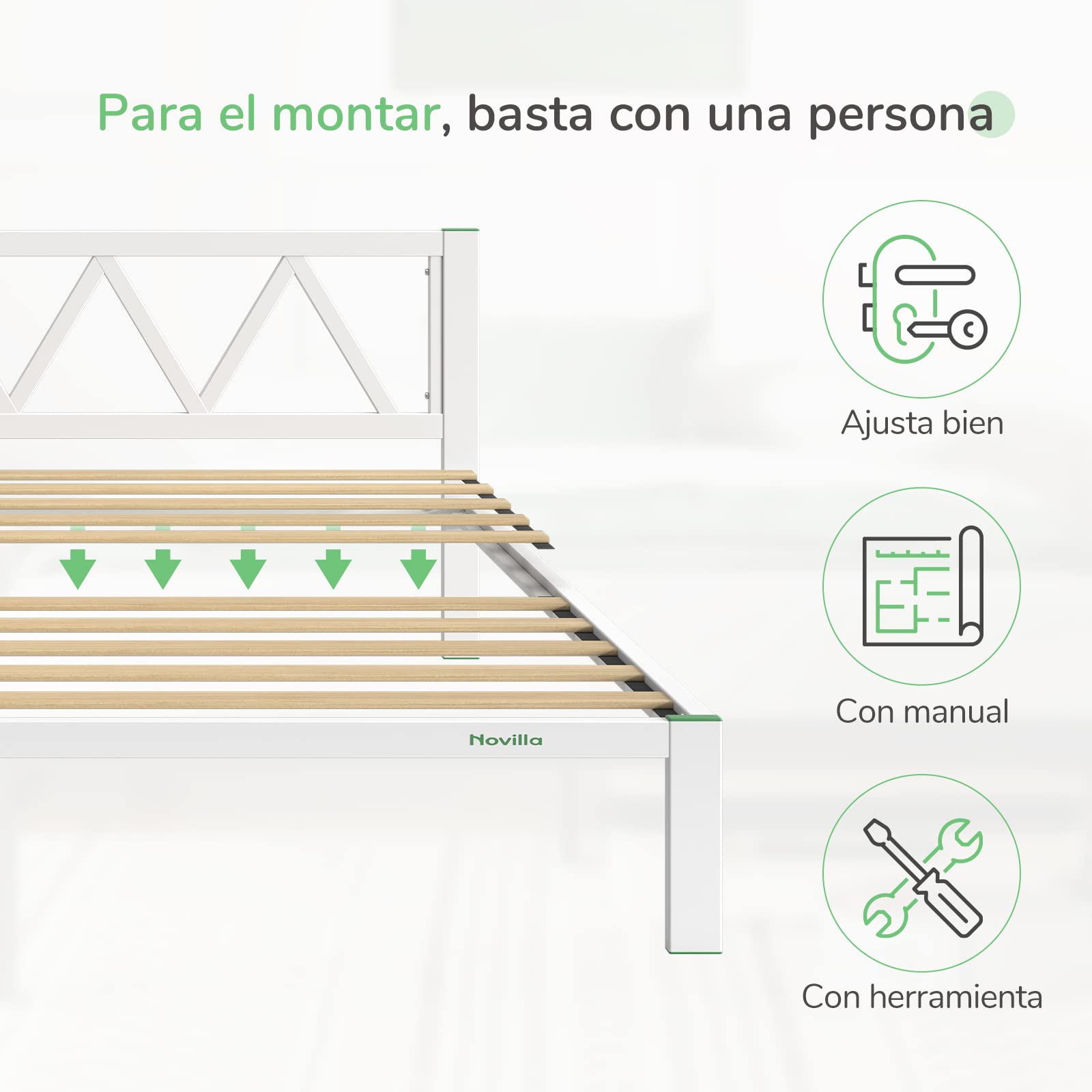 Novilla Somier 135x190 cm con 5 Patas Altas y cabecero, 30cm Altura, Eco Estructura metálica de Cama de Acero con láminas de chopo, Anti-Ruido y fácil de Montar (Avanzado, Blanco)