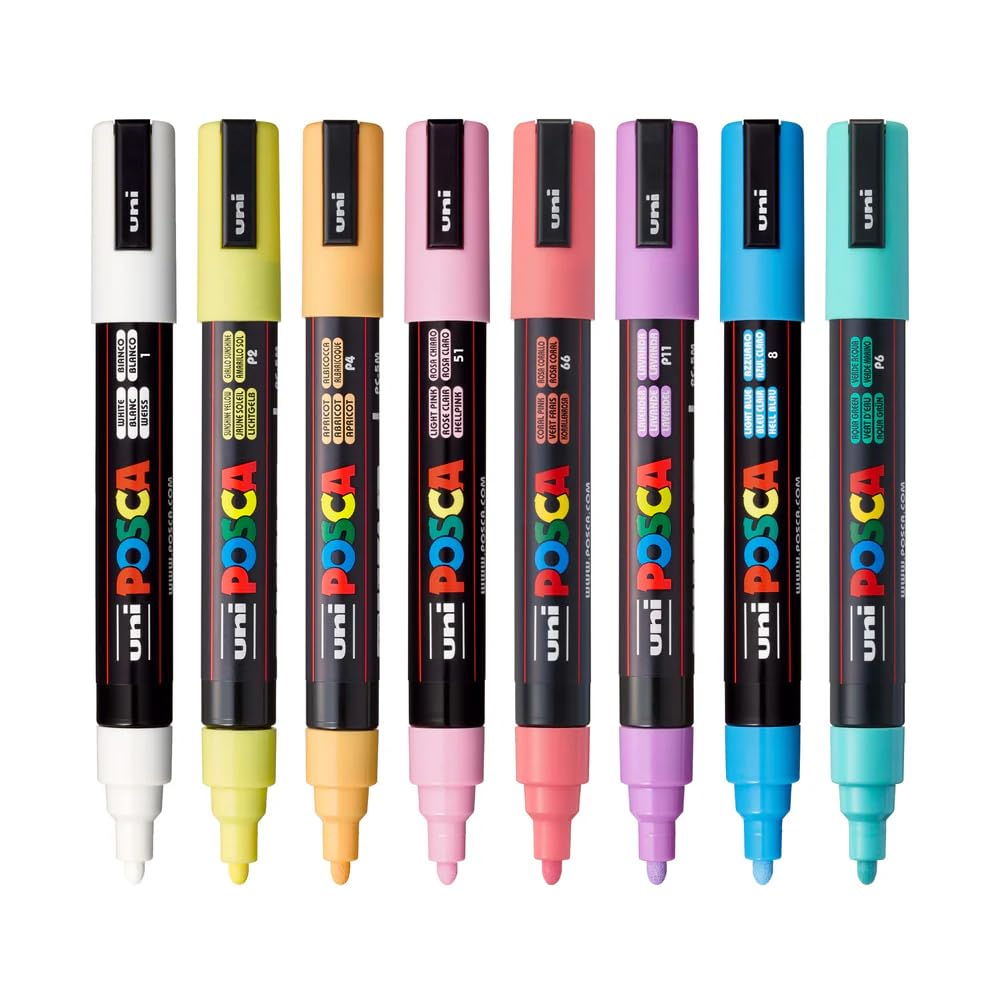 POSCA PC-5M Marker | 1.8-2.5 mm Bullet Shaped Tip (Pastel, Pack of 8)