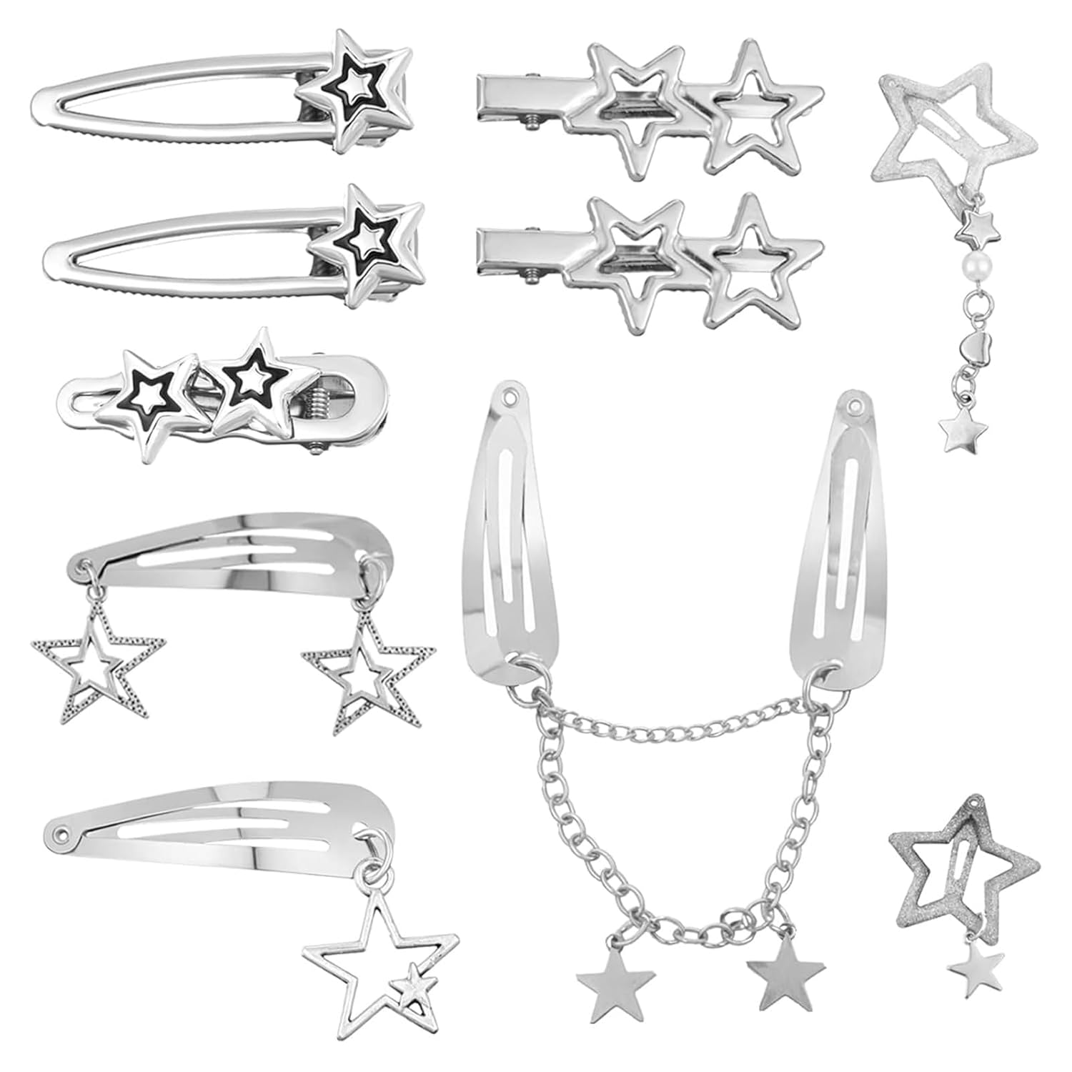 10PCS Star Hair Clips Silver Hair Clips Metal Star Barrettes 8 Shapes Pentagram Hair Snap Clips Punk Kawaii 2000s Hair Accessories for Women