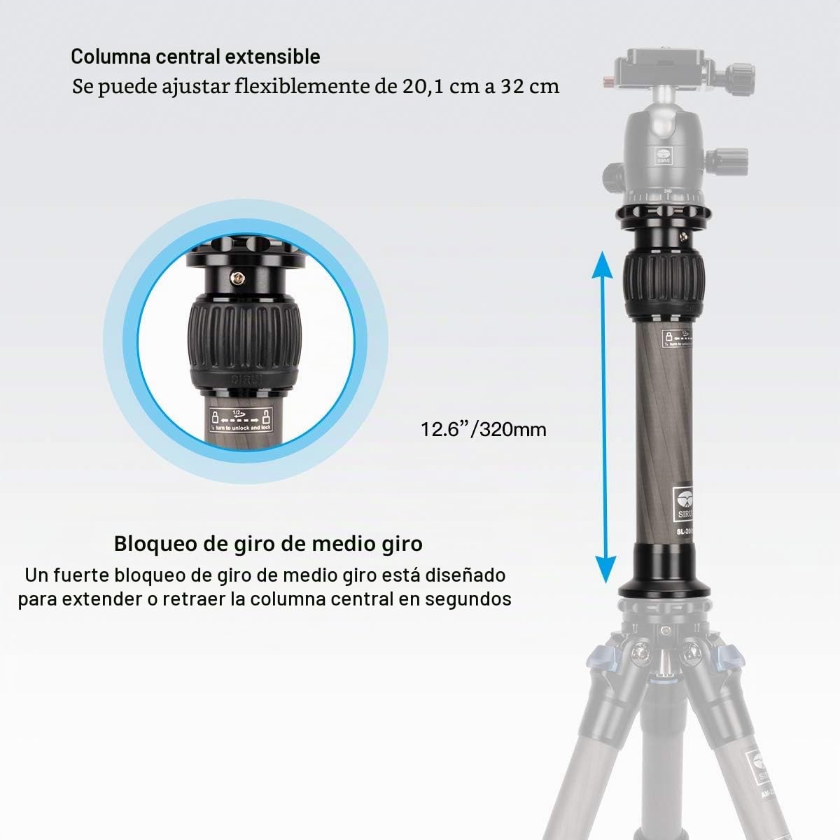 SIRUI SL-200 Tubo de Extensión para Trípode, 32cm Columna Central de Carbono de Dos Secciones, Tubo de Extensión en Diámetro Máximo del Tubo 29,4mm, Carga Máxima 15kg