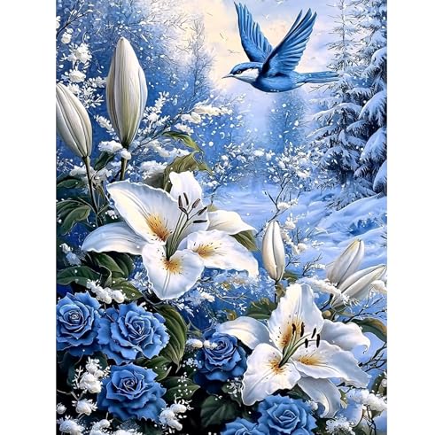 Image of QENSPE Diamond Painting Art Kits, DIY Blue Bird Diamond Art for Adults, 5D Flower Full Drill Painting for Beginner, Round Diamond Dots Paintings Gem Art Crafts Home Wall Decor Gifts 30x40cm