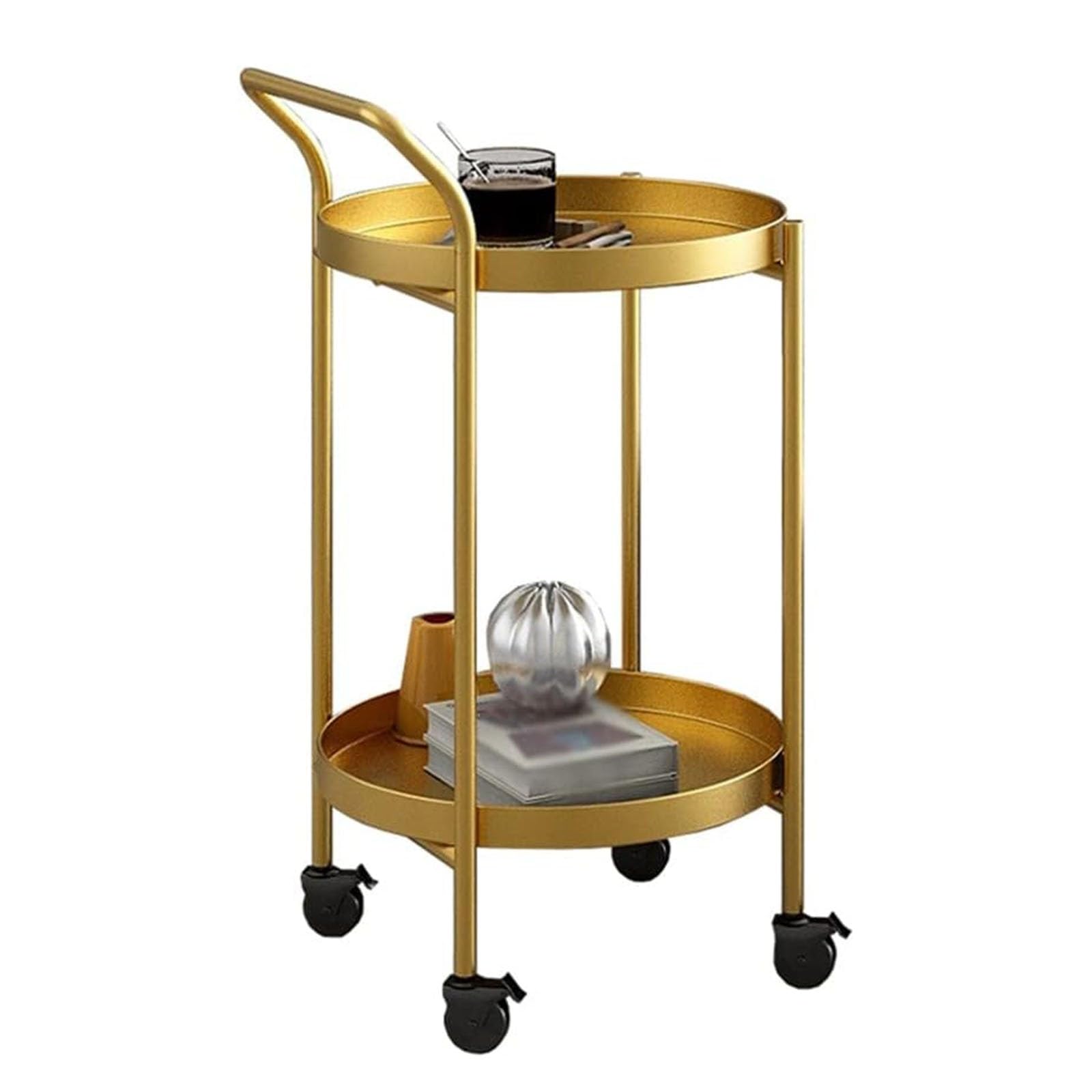 2-poziomowy wózek barowy Gold Rolg z uchwytami, metalowy mini wózek do przechowywania napojów, oszczędność miejsca, narzędzie kuchenne i jadalniane, obrotowy deser do małych pomieszczeń