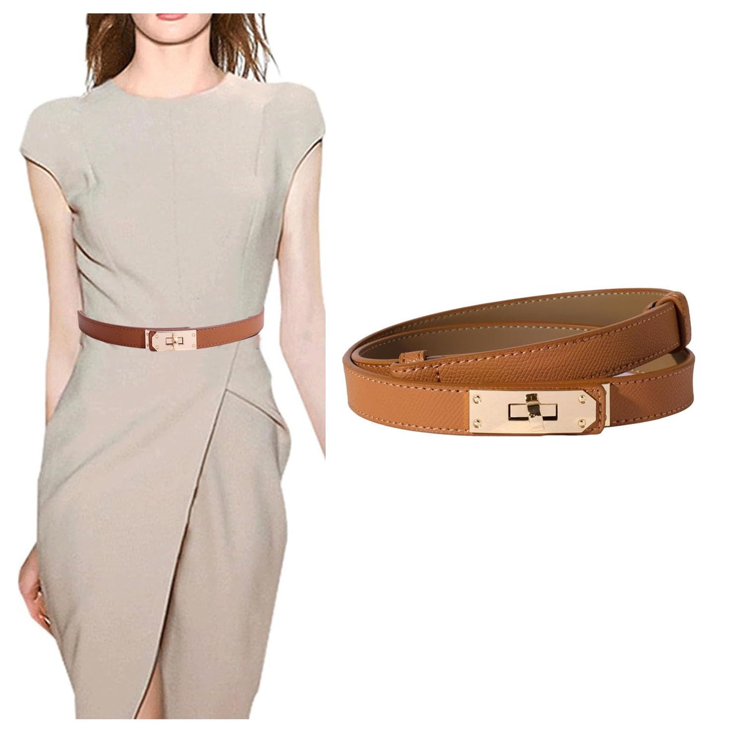 Goodern Women's Belts,Adjustable Ladies Leather Waist Belts Classic Skinny Belts Dresses Belt Buckle Retro Solid Color Alloy Turn Lock Waistband Thin Waist Belt Decors for Dresses Coat Jeans-Brown