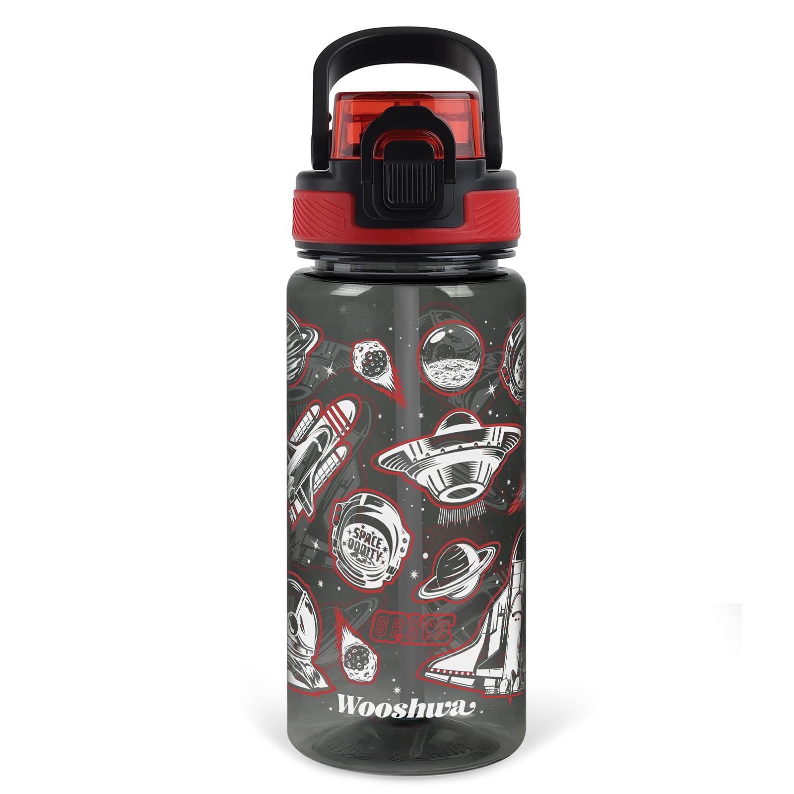 wooshwa Kids Water Bottle with Straw for School, 600ml/20 Oz Plastic Water Bottle with Silicone Spout and Pop-Up Cover, Leakproof & Dishwasher Safe Safe (Spacecraft)