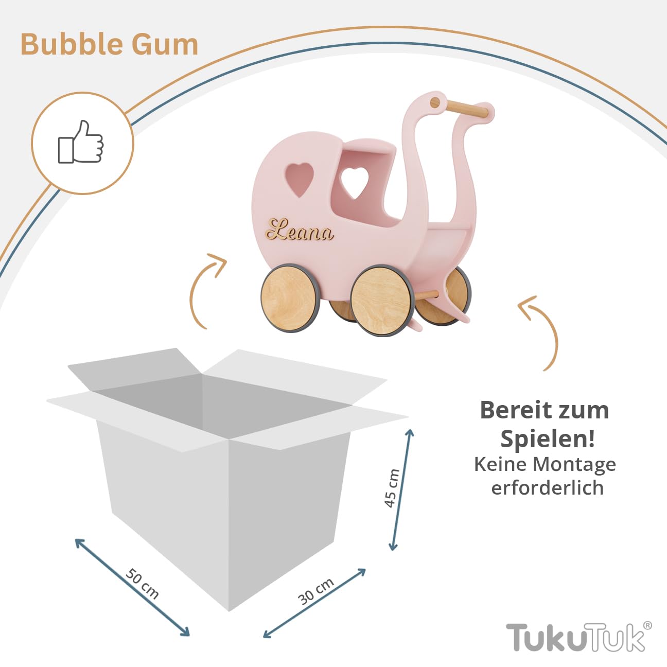 Puppenwagen ab 1 Jahr - Individuell mit Namen - Handgefertigter Puppenwagen - Holzpuppenwagen - Sicher Abgerundete Kanten - Ausdrucksstarke und Schöne Farben (Puderrosa)