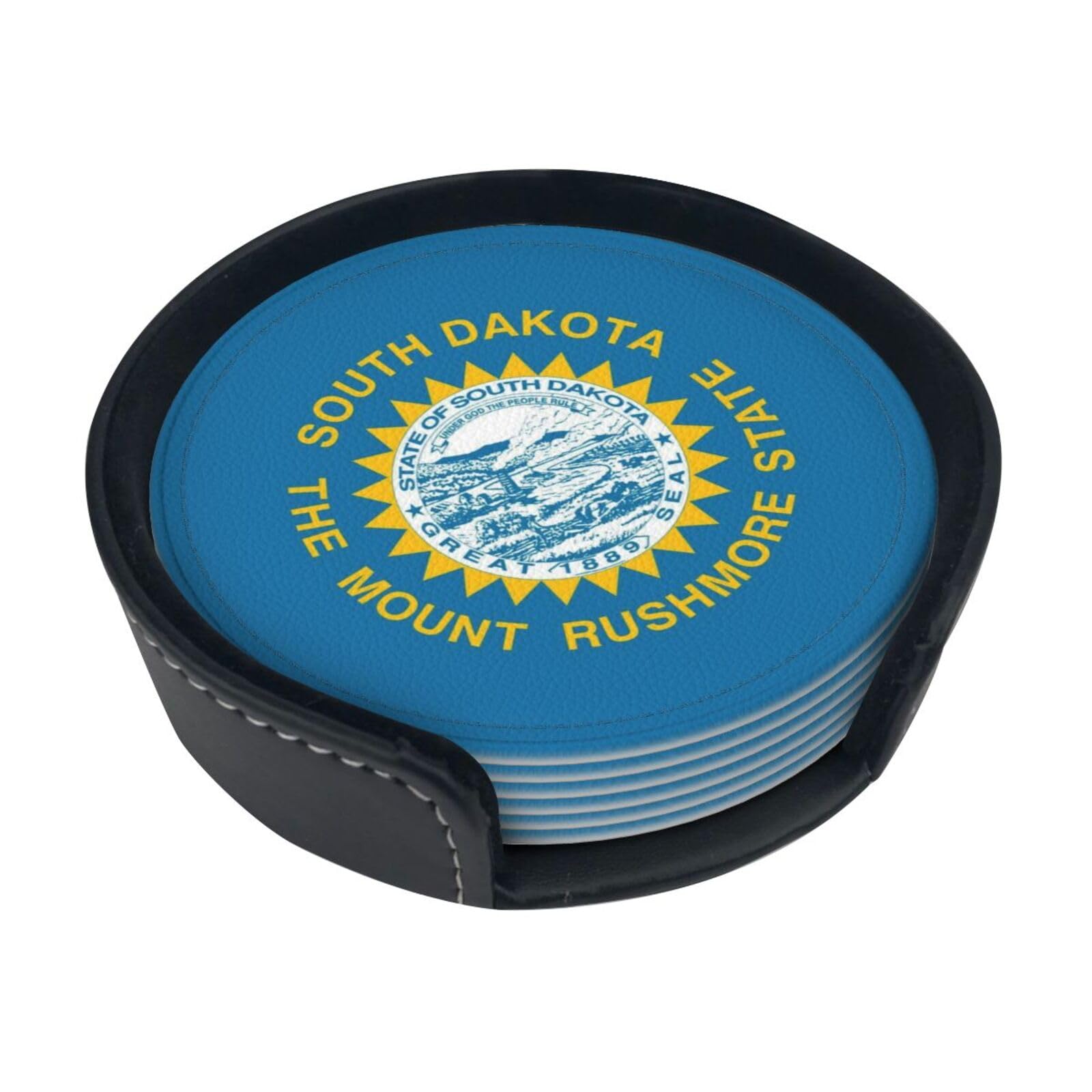 South Dakota State Flag Leather Coasters-Set of 6 with Storage Holder