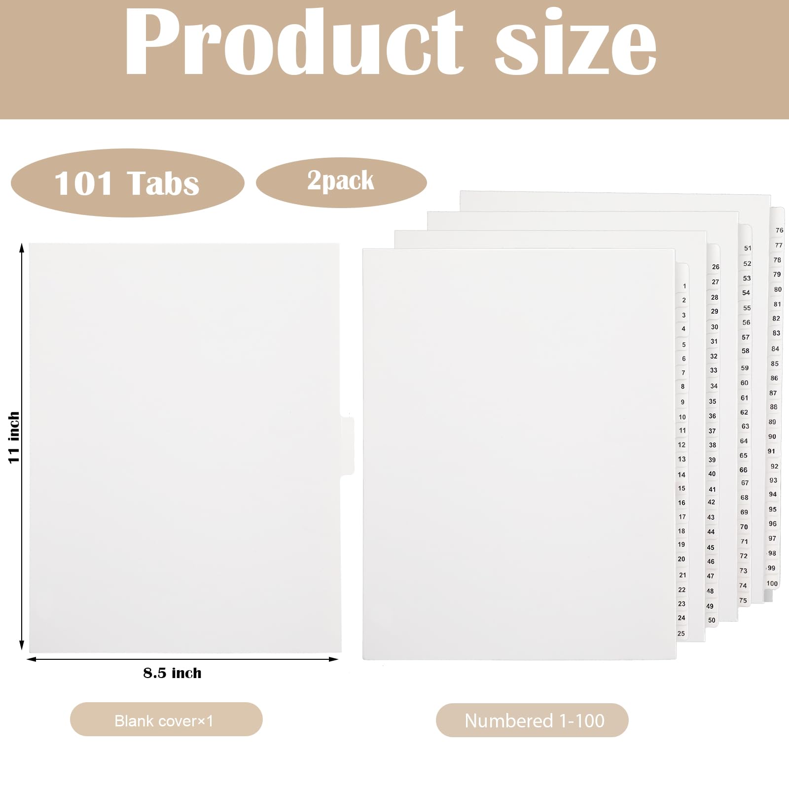 Yeaqee Set di 2 Divisori con linguette numerati da 1 a 100 non perforati, formato lettera 21,6 x 27,9 cm, divisori per raccoglitori in carta bianca per documenti e file d'ufficio