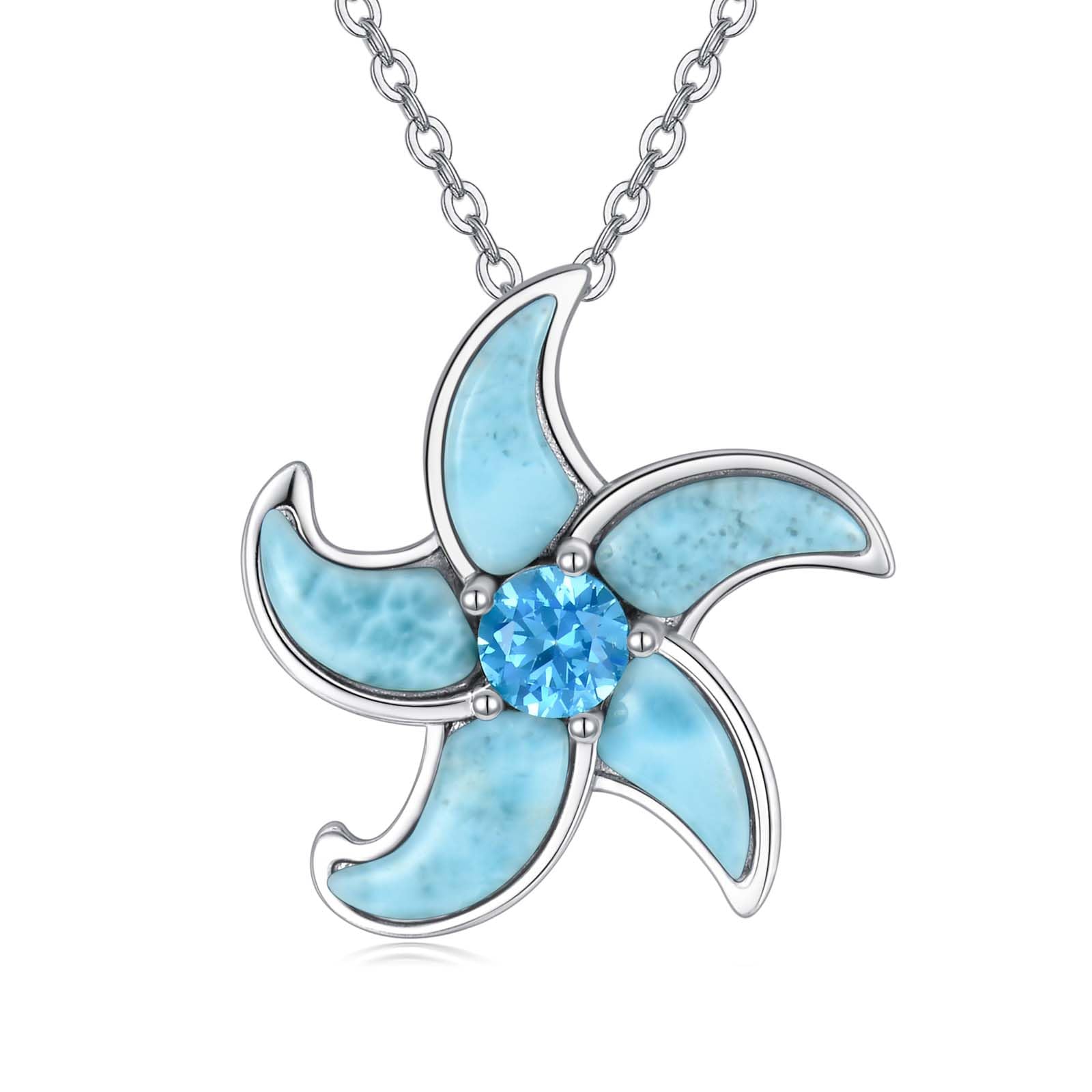 Collar de estrella de mar de Larimar de plata de ley 925 con colgante de estrella de mar azul auténtica, joyería de regalo para mujer, Plata esterlina, Larimar