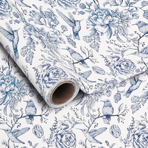 Welpurch 1 Roll Blue Floral Bird Wrapping Paper...