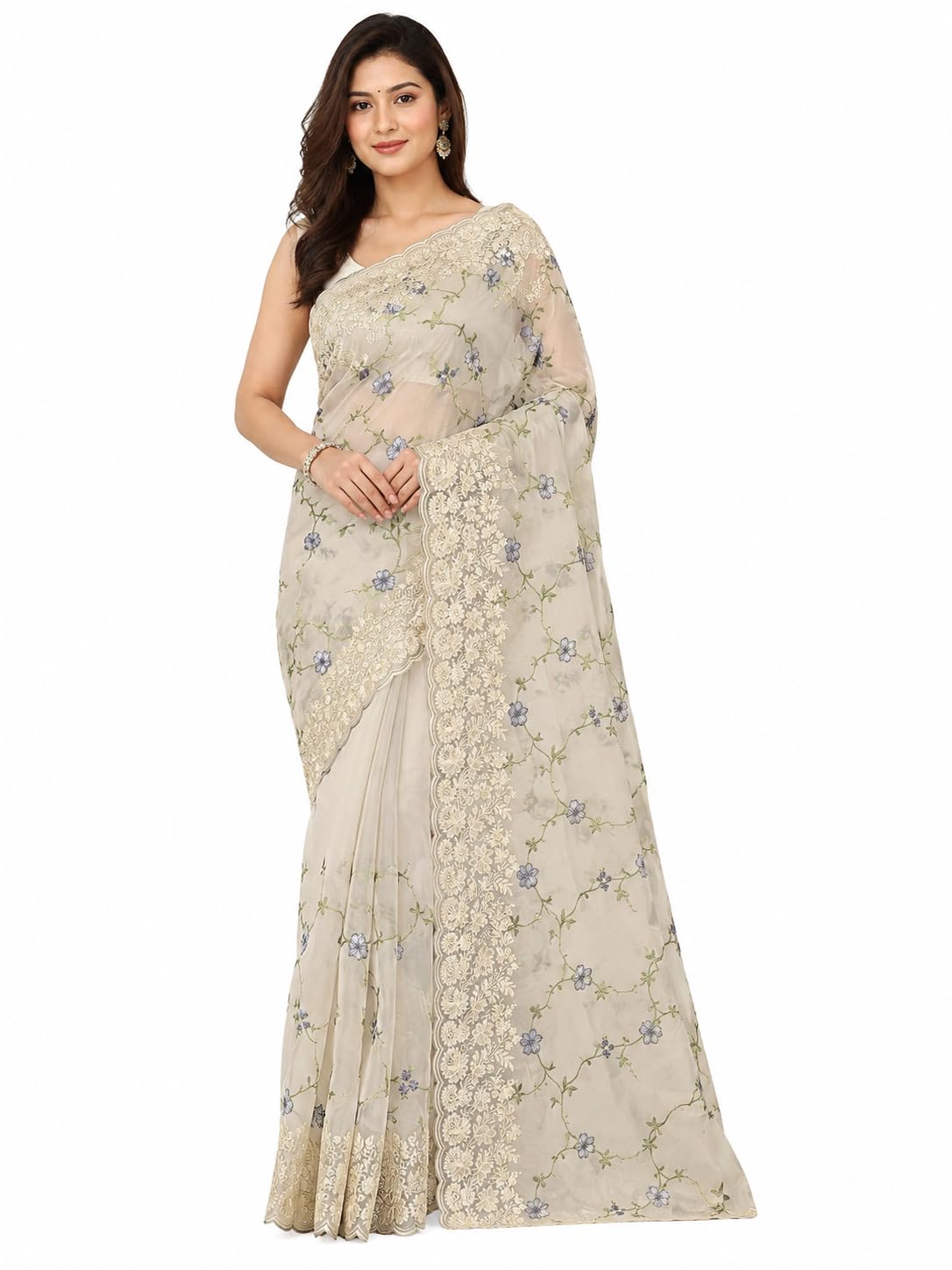 Mint Green Organza Embroidered Saree for Women | Floral Thread Work | Designer Lace Border | Wedding & Festive Saree-image-26