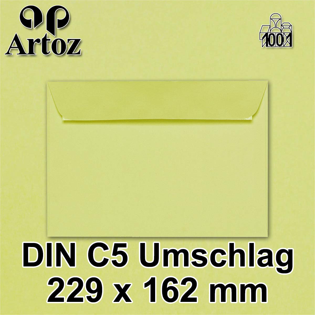 ARTOZ 200 x koperty DIN C5 zielone (limonkowe) – 229 x 162 mm, koperta bez okienka – koperty samoprzylepne – seria ARTOZ 1001