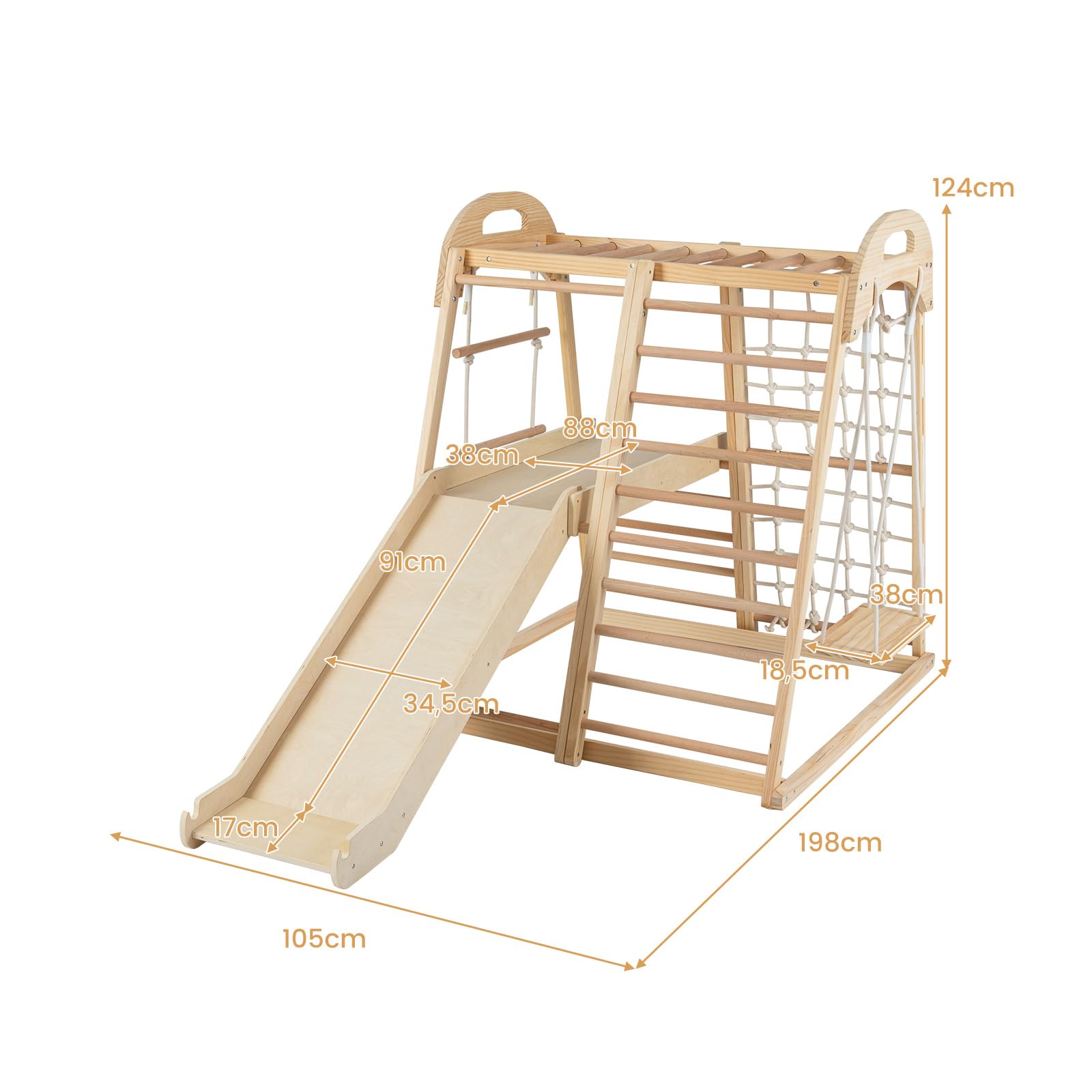 DREAMADE 8 in 1 Klettergerüst aus Holz, Montessori Kletterdreieck mit Schaukel & Leiter, Spielturm mit Rutsche & Kletternetz, Indoor Spielplatz für Kinder ab 3 Jahren (Natur)
