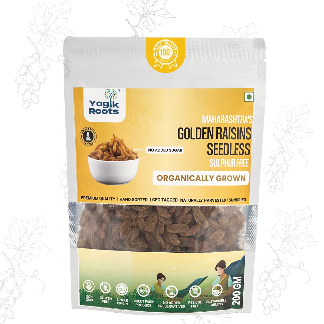 Yogik Roots Organic Premium Seedless Raisin/Kismis, 200g | Golden Raisins | Thompson Seedless Long Grapes Raisin| 100% Naturally Grown by Local Farmers | Sun Dried | Sulphur dioxide Free |