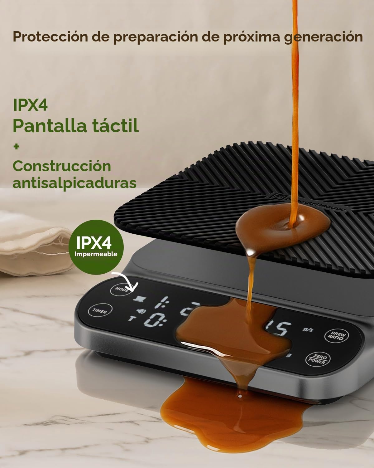 Maestri House S3 Báscula de café con temporizador, 3 kg/0,1 g, recargable, báscula digital de espresso, 3 modos de preparación, proporciones de preparación e indicador de flujo ajustables, para Pour