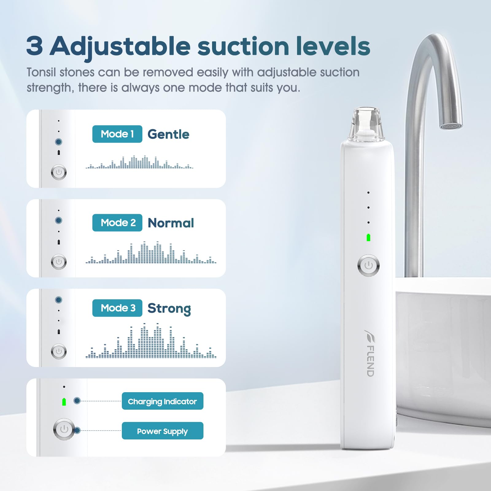Tonsillenstein - Set di rimozione delle pietre di mandorle elettriche, 3 livelli di aspirazione, con luce LED, siringa, spatola per lingua, basta rimuovere le pietre di mandorle (Bianco Avorio)
