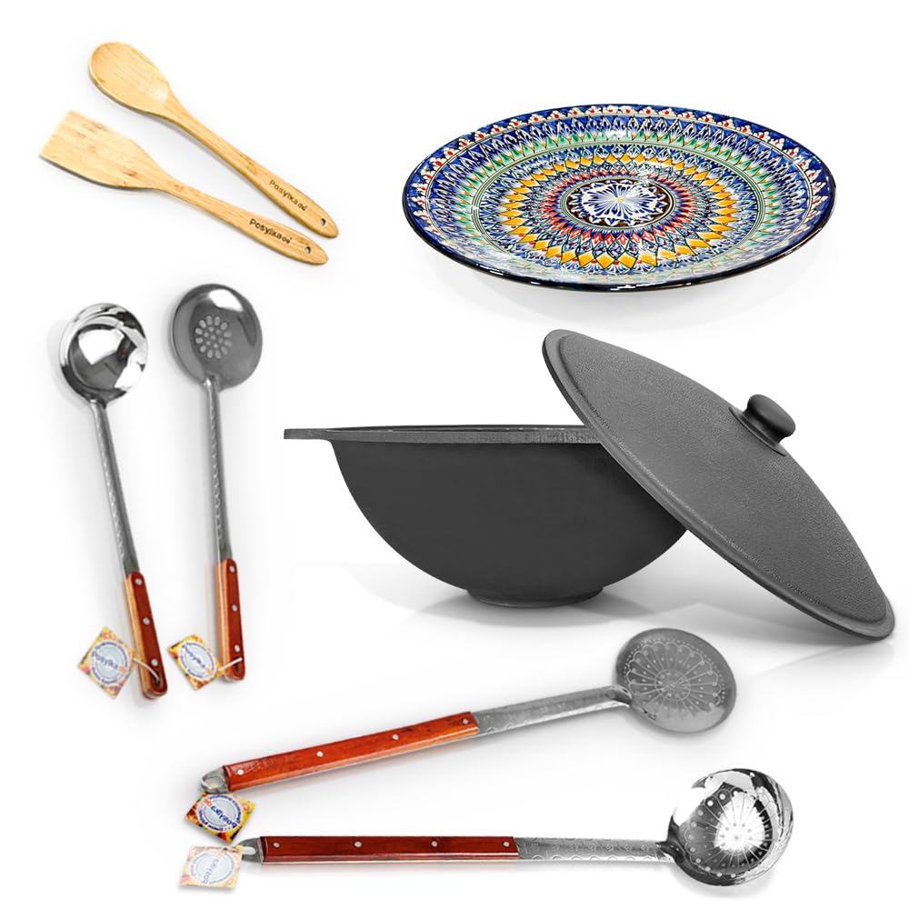 Set - Kasan Usbekisch Gusseisen 22 L flacher Boden, Deckel, 2 Schaumlöffel 64 cm, Schöpfkelle 48cm, Schaumlöffel 48 cm Holzspachtel, Holzlöffel, Lagan Ø 42 cm Camping Kasan (Set - 639)