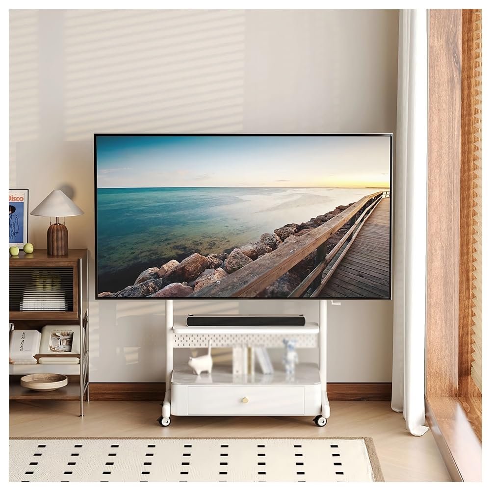 JKJZSALJ Height Adjustable Mobile Tv Stand With Wheels,Rolling Tv Cart With Storage Drawer & Cabinet,Floor Tv Mount With Pegboard For 40-90 Inch Tvs,White,85x48x120 cm