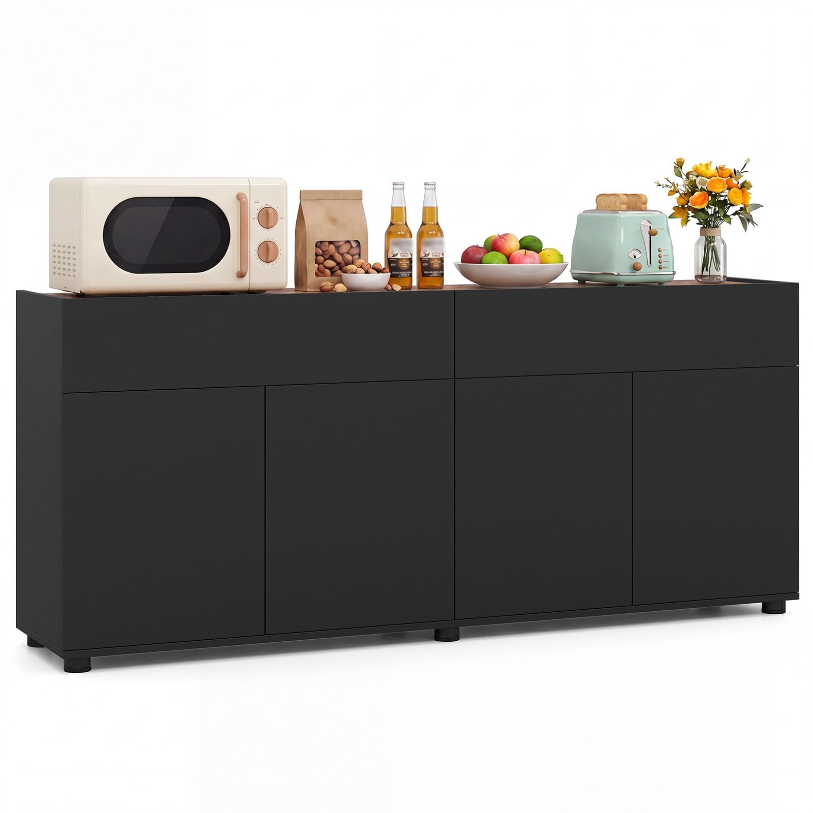 COSTWAY 160cm Sideboard Cabinet with 4 Doors & 2 Drawers (Black)