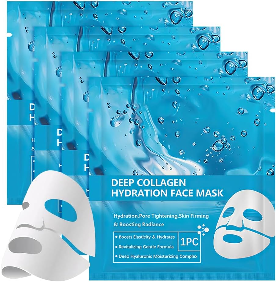 LOPHE Bio Collagen Mask, 4 Paquetes Mascarilla Facial Colageno, Mascarilla de Hidrogel, Hidratante Profunda, Máscara de Biocolágeno, Minimiza los Poros para Nocturna y Daily (Azul)
