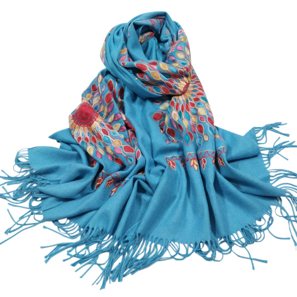 Urban CoCo Women's Embroidered Oversize Tassel Shawl Scarf Wraps for Women, Blue, One Size