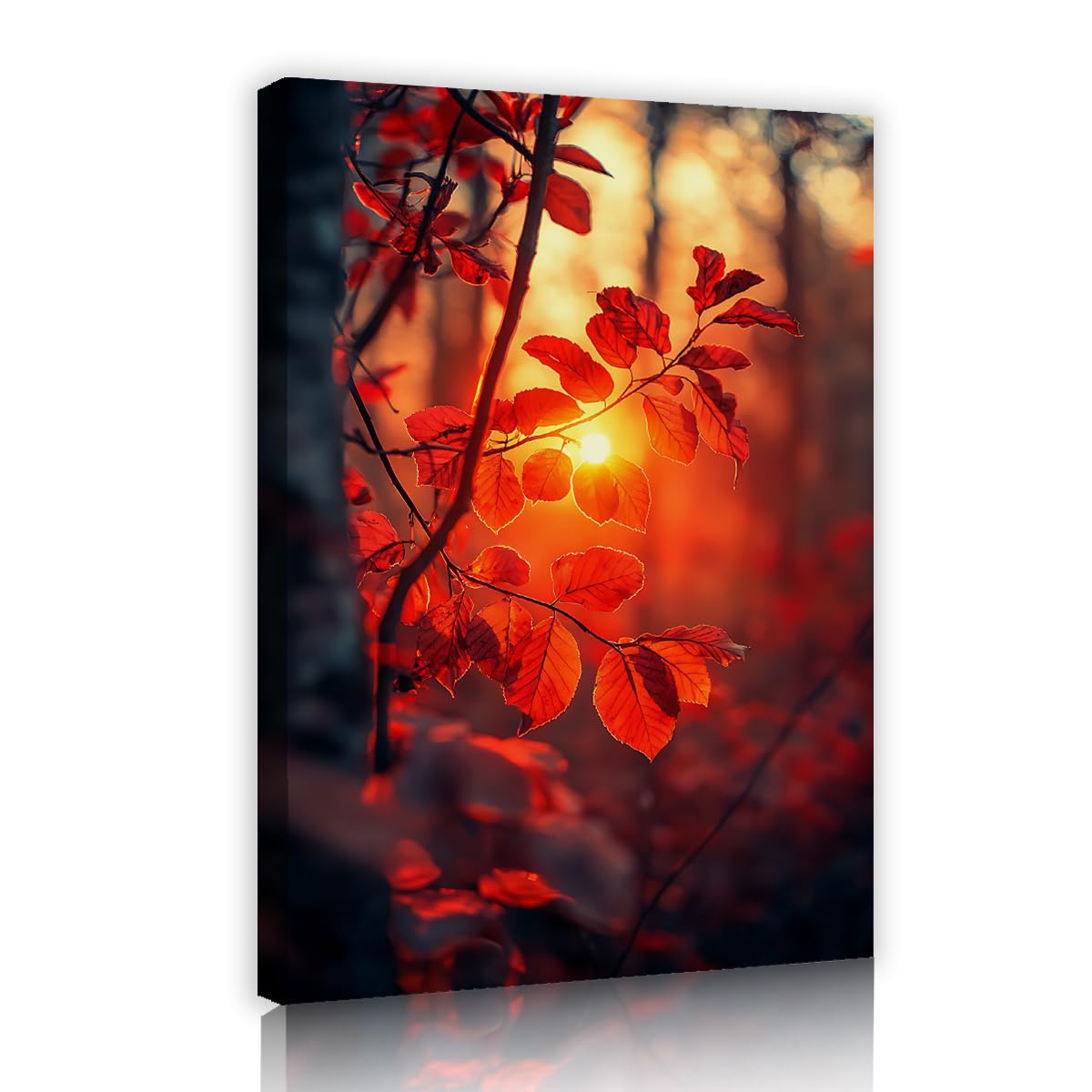 Via Vela Sunset Forest Wall Art Canvas Print Red Autumn Tree Painting Backlit Leaf Woods Poster Seasonal Nature Picture for Entryway Staircase Decor 70x105cm