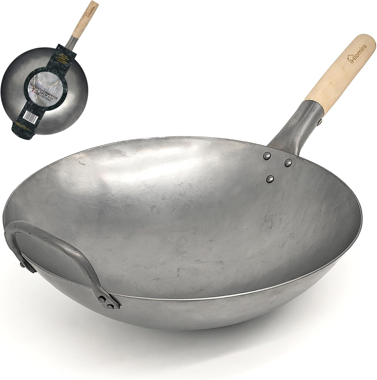 Homira Wok en Acier Carbone de 36 cm, Martelé à la Main, Fond Rond et Manche en Bois – Poêle Wok Traditionnelle sans PFAS pour Gaz, Barbecue, Brûleur à Wok et Cuisine en Extérieur (Fond Rond)