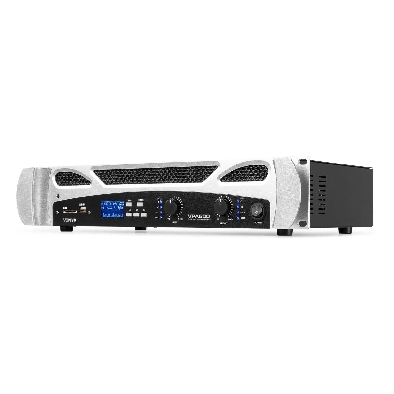 Vonyx VPA600 - Amplificateur Digital 2X 300W, Technologie sans Fil Bluetooth, Record MP3, USB/SD, Entrées RCA, Prise Jack 6,35mm, Écran LED en Façade, Télécommande Incluse, Parfait pour DJs