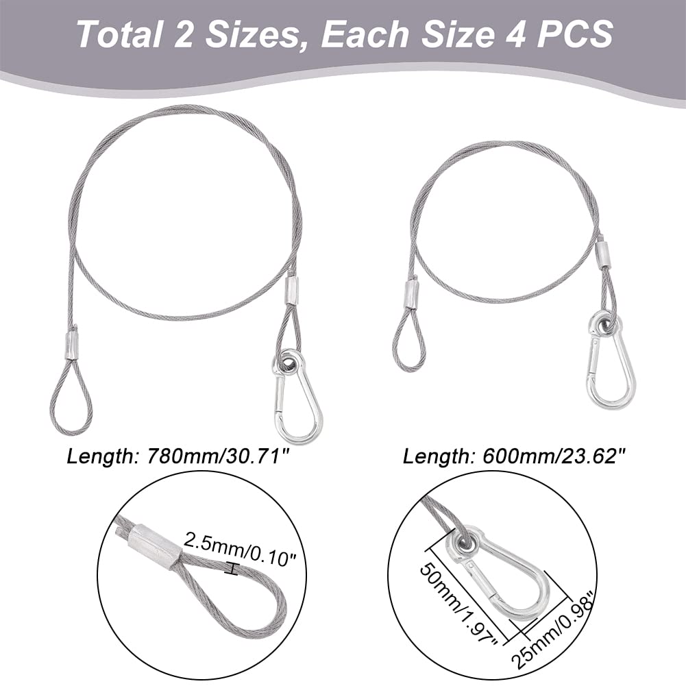 UNICRAFTALE 8 pz 2 Misure Cavi di Sicurezza per Luci da Palco 60-78cm 304 Cavo di Sicurezza in Acciaio Inossidabile Cavo di Sicurezza Resistente per Illuminazione da Palco DJ Luce Par Luce A Testa