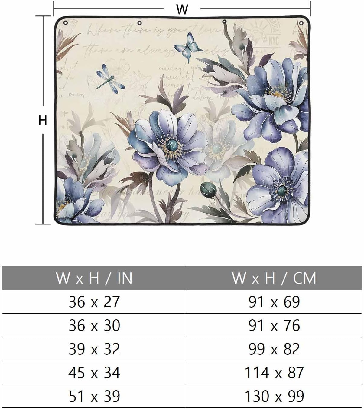 Flower Butter-fly Magnetic Fireplace Cover 36"x30",Decorative Fireplace Blanket Insulation Cover for Heat Loss,Indoor Outdoor Fireplace Draft Stopper Covers,Shabby Chic Vintage Floral Newspaper