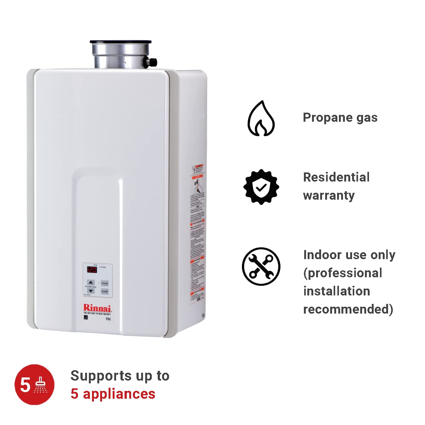 Rinnai V94iP Tankless Hot Water Heater, 9.8 GPM, Propane, Indoor  Installation - Amazon.com