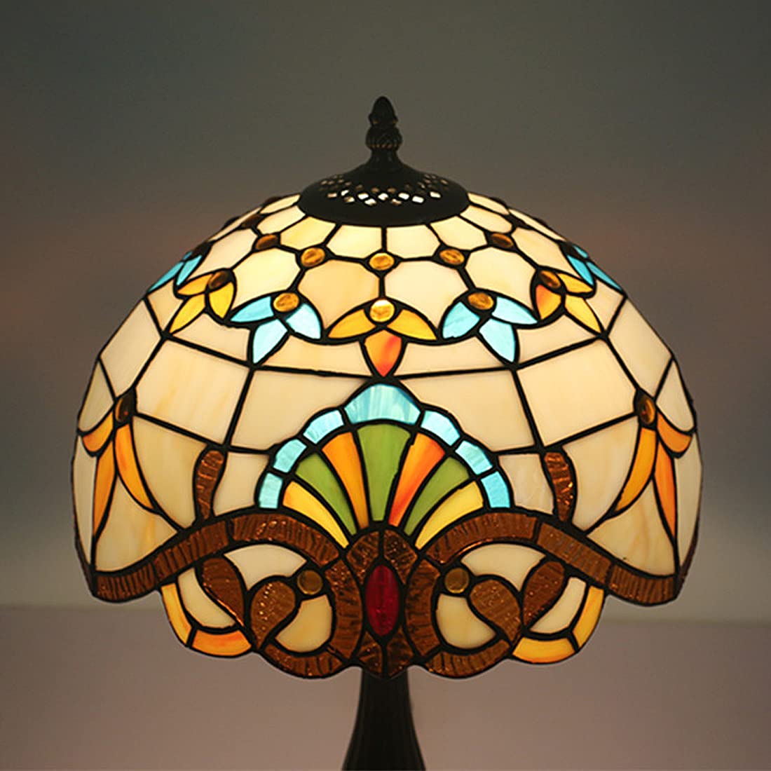 Lampa stołowa Tiffany Witraż Żółta, z mgiełką, brązowa, z żywiczną podstawą, 12 cali, stolik nocny, vintage, lampka do komody, wtyczka do salonu, sypialnia