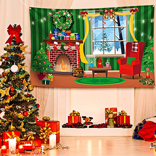 Merry Christmas Backdrop Scene Setters Banner Welcome Winter Snow Decorative Xmas Background For Wall Decoration Christmas Party Decor Holiday Time (Green Red Mantel Window) #TOP5