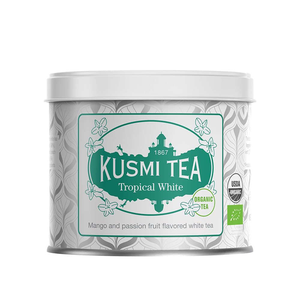 Kusmi Tea - Tropical White - Mezcla Orgánica de Té Blanco y Té Verde con Mango y Fruta de la Pasión - 100% Orgánico - Disfrutar Caliente o con Hielo - Lata de 90g para aprox. 50 tazas
