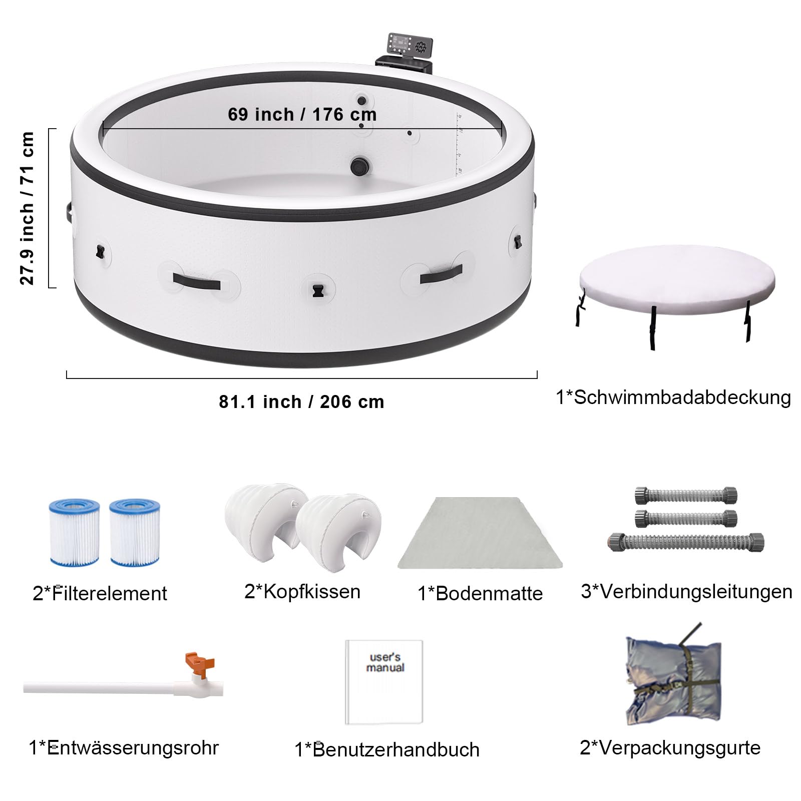 B&Y Whirlpool mit 3-stufiger Wellenfunktion und 6 Ambientebeleuchtung | Isolierte Abdeckung，Automatische Inflation & Deflation，Heizfunktion，Robuste Materialien