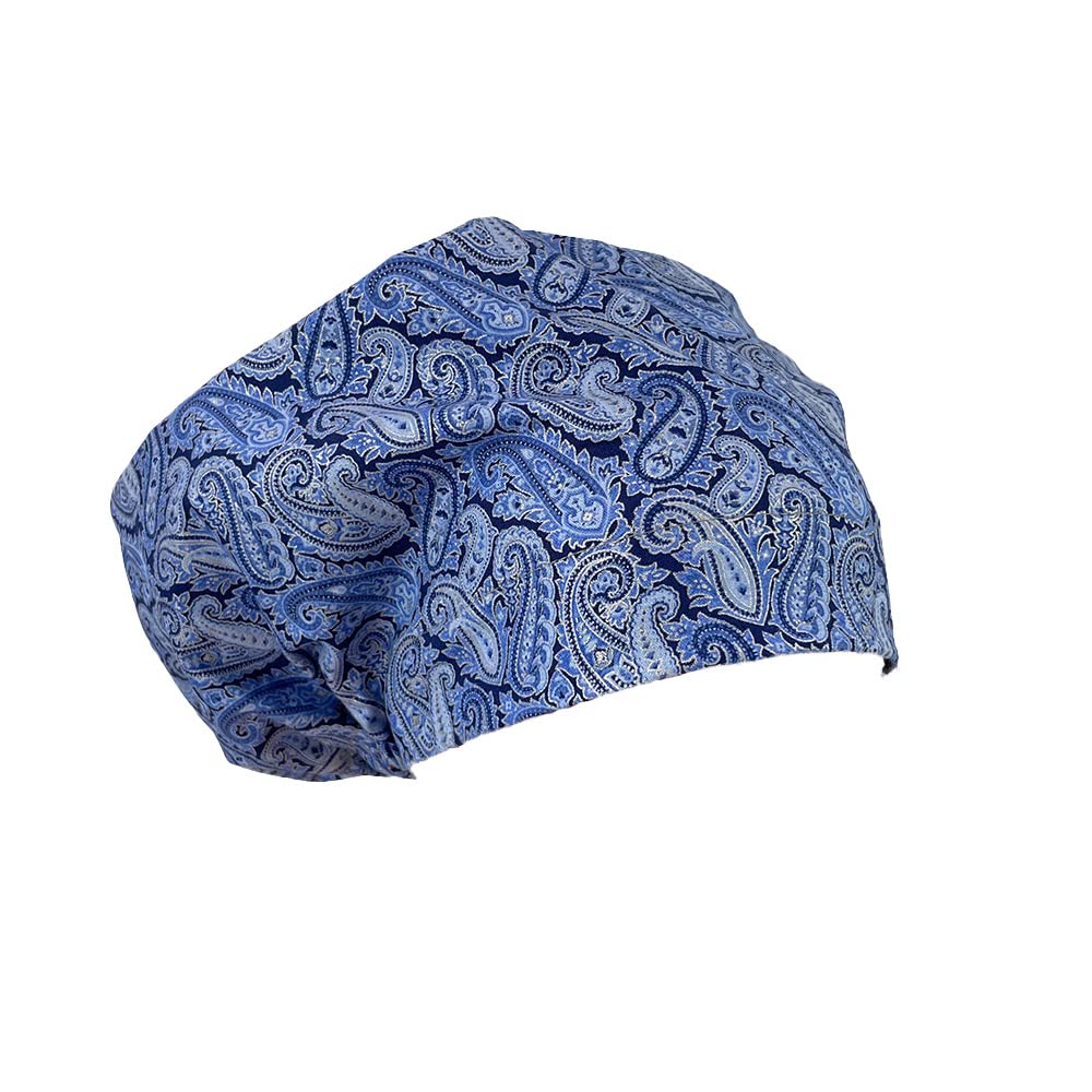 European Style Scrub Cap No Ribbon. Blue Paisleys.- Scrub Hat for Women & Men tie Back | Working Cap with Holder. Bouffant, Scrub Hats for Women, Unisex Surgical Caps, Nurses Hats | Dr. Hats