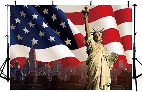 Fondo de vinilo de 7 x 5 pies con bandera estadounidense para el 4 de julio, telón de fondo para fotos del Día de la Independencia, Estatua de la