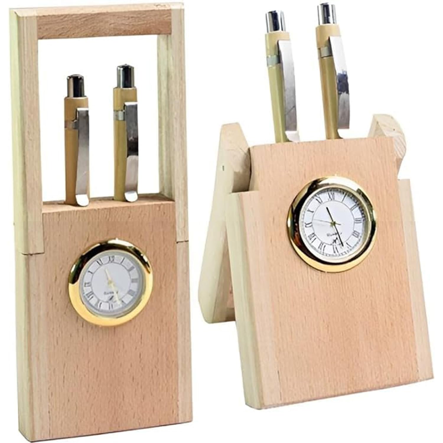 A-ONE Craft Wooden Pen Stand With Clock | Decorative Item Luxury Natural Pine Wood Double Pen Holder With Clock Design for Room, Shop, Office, Home and Table Decoration (Wooden, 7.3x3x1 inch)