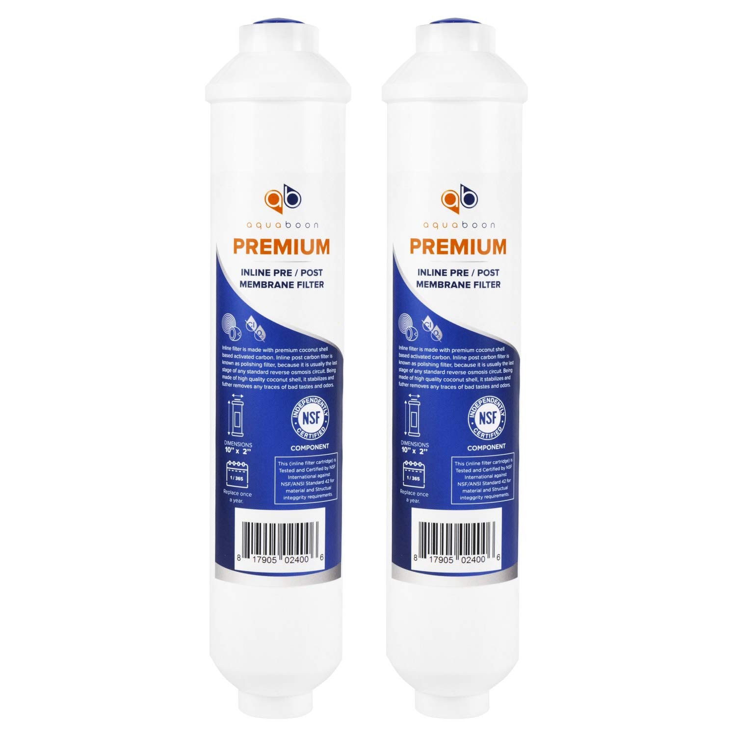 Aquaboon T33 Inline Carbon Filter - 1/4 Inline Water Filter for Refrigerator T33 Inline Ro Post/Granular Activated Carbon (GAC) Polishing Water Filter Cartridge for Reverse Osmosis System 2-Pack